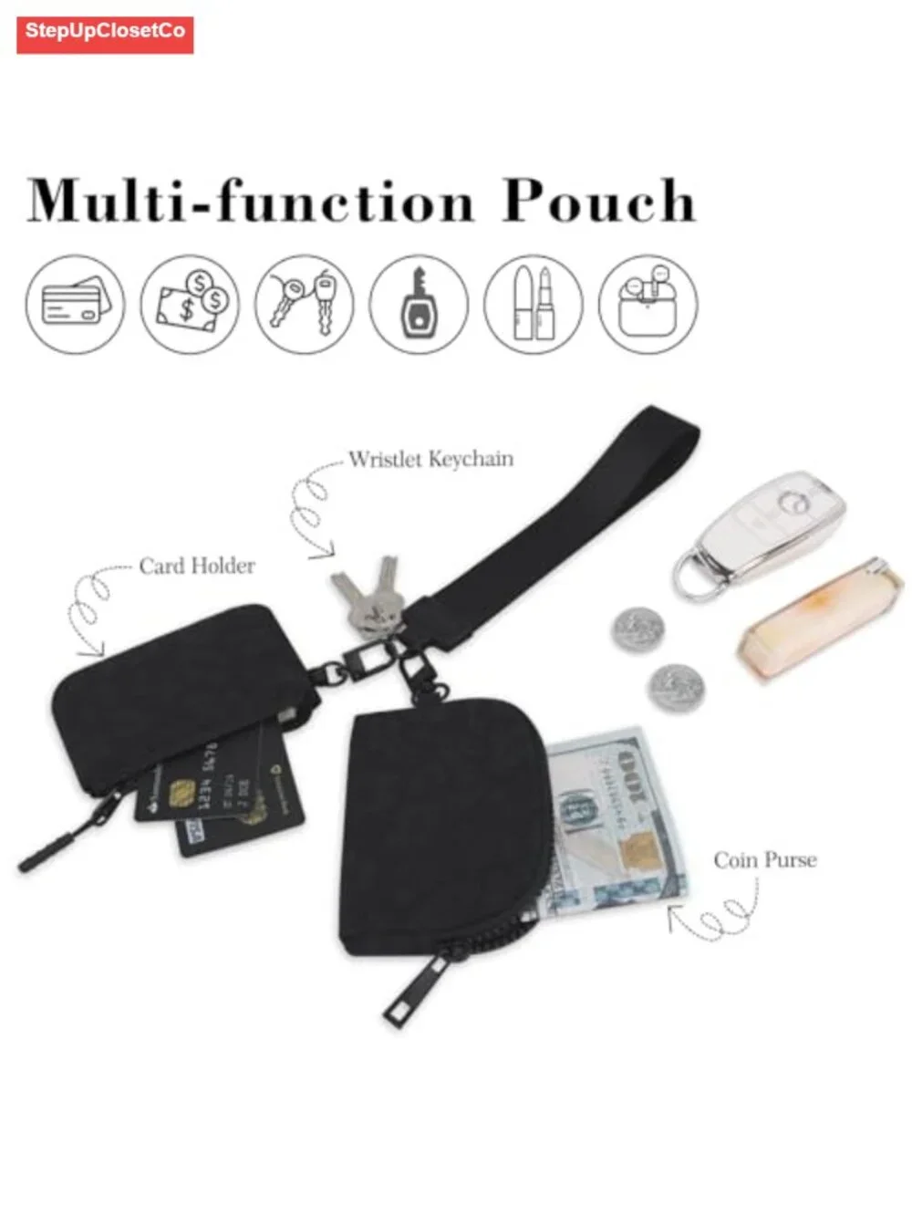 Wristlet Wallet Detachable Dual Pouch Quilted Coin Purse Nylon